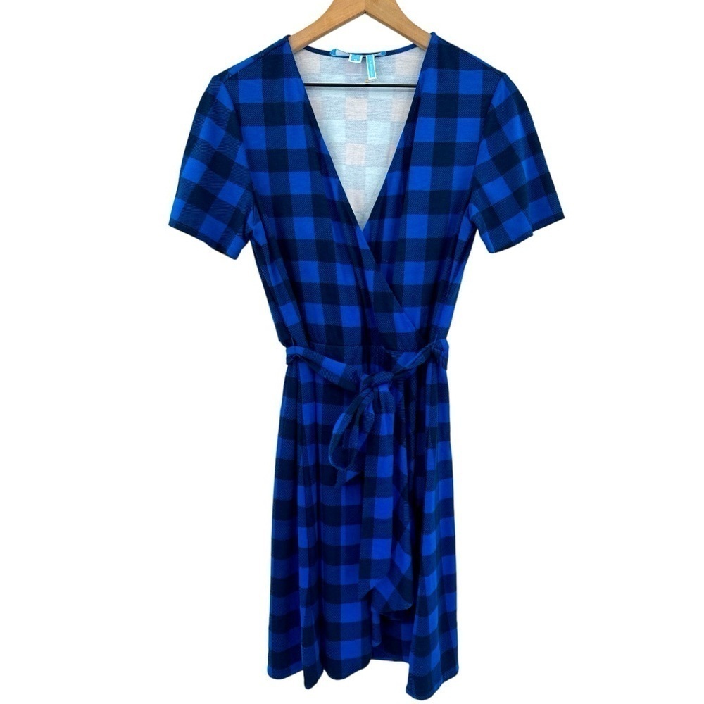 Draper James Buffalo Check Plaid Tie Waist Faux Wrap Dress -Blue & Black -Medium - Picture 2 of 12
